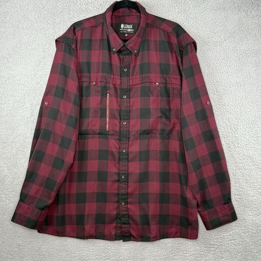 Outback Trading Company Flannel Button Down Shirt Red Plaid Size XXL 2XL Pockets